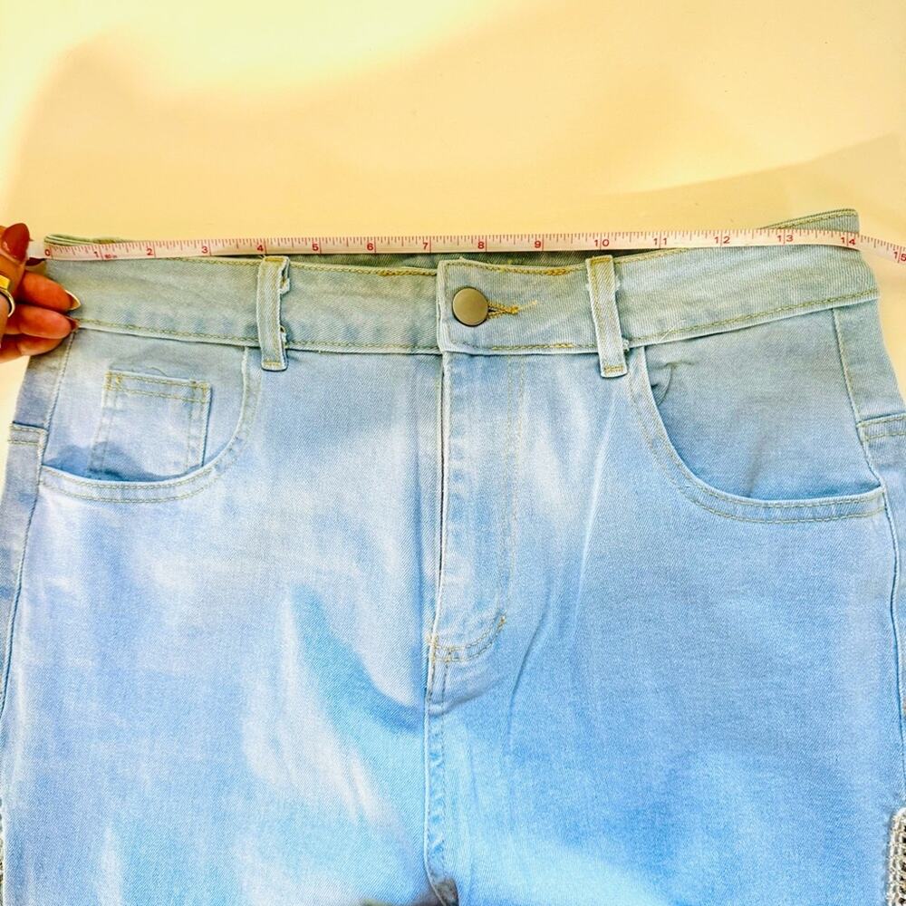 NEW Light Wash Stretch Denim Rhinestone Crystal Fringe Tassel Split Leg Jeans L - Picture 12 of 14